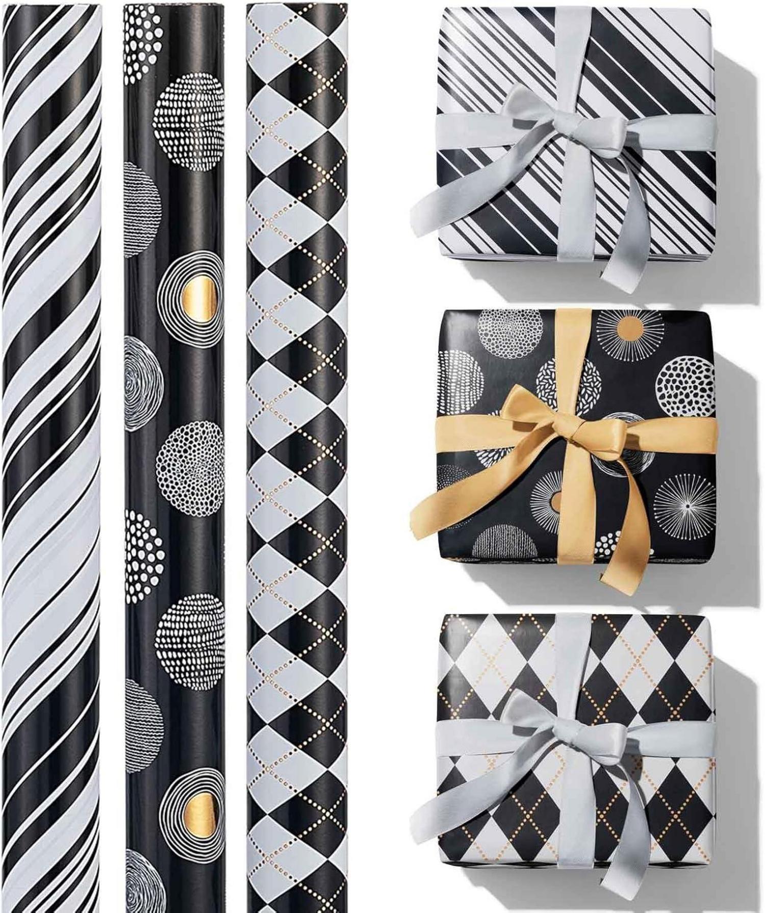 Geschenkpapier Set Schwarz Weiß 3 Rollen - Hochwertige