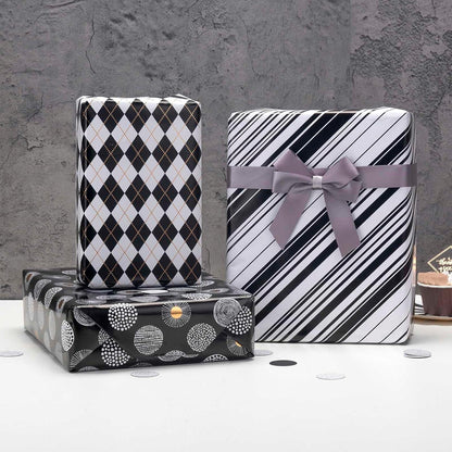 Hochwertiges Geschenkpapier Set 3 Rollen Schwarz Weiß Muster 43cm x 3m