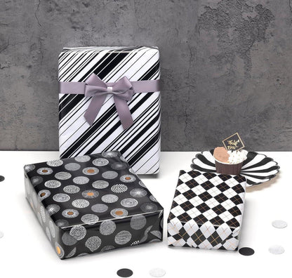 Schwarzes Geschenkpapier Set - 3 Rollen mit unterschiedlichen Designs