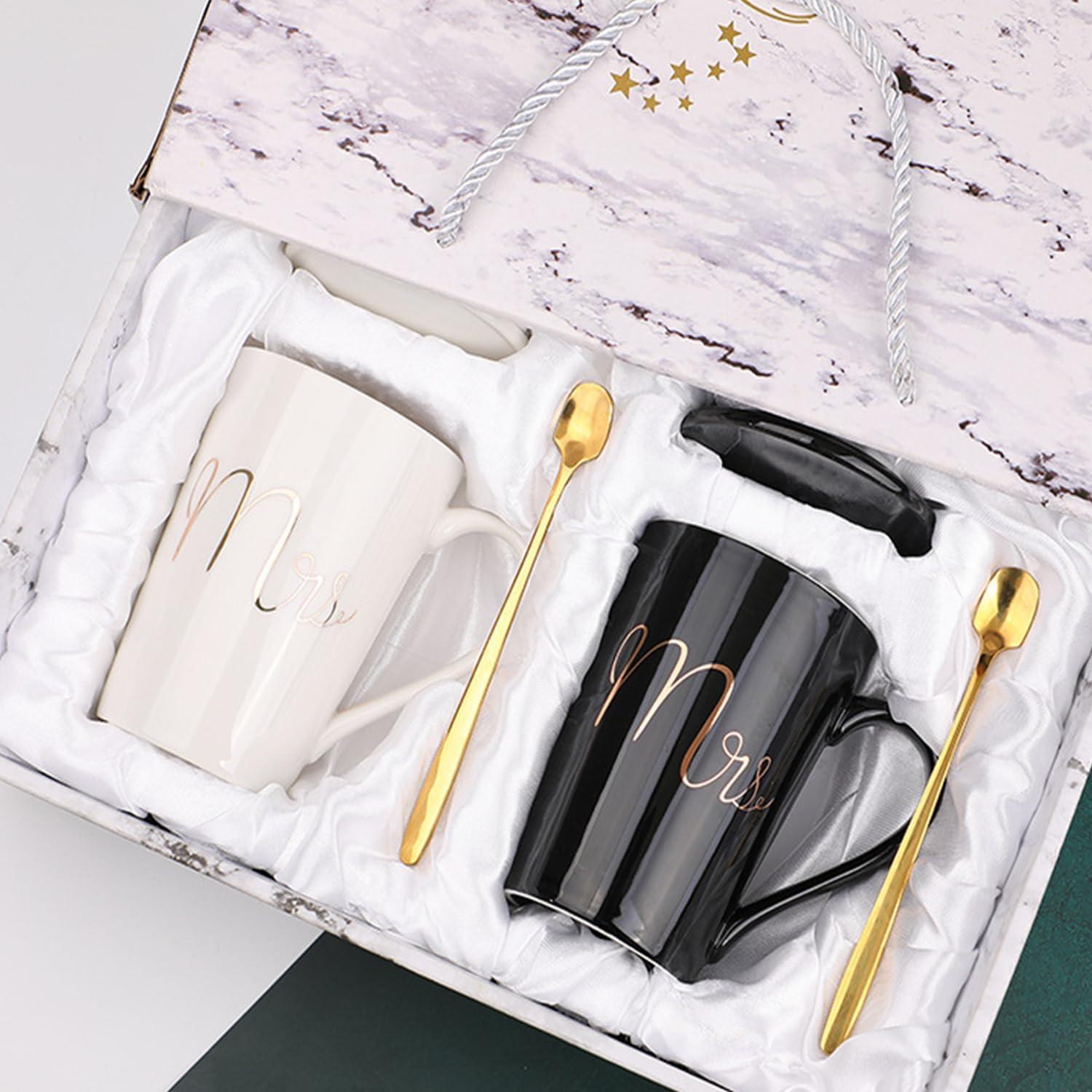 Keramik Mr und Mrs Tassen Set Schwarz Weiß 2 Stück für Hochzeit Jahrestag Verlobung Valentinstag Weihnachten