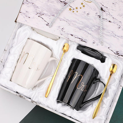 Keramik Mr und Mrs Tassen Set Schwarz Weiß 2 Stück für Hochzeit Jahrestag Verlobung Valentinstag Weihnachten