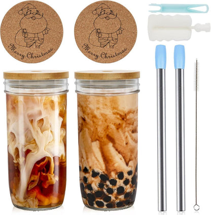 Bubble Tea Becher 24oz mit Bambusdeckel und Strohhalm