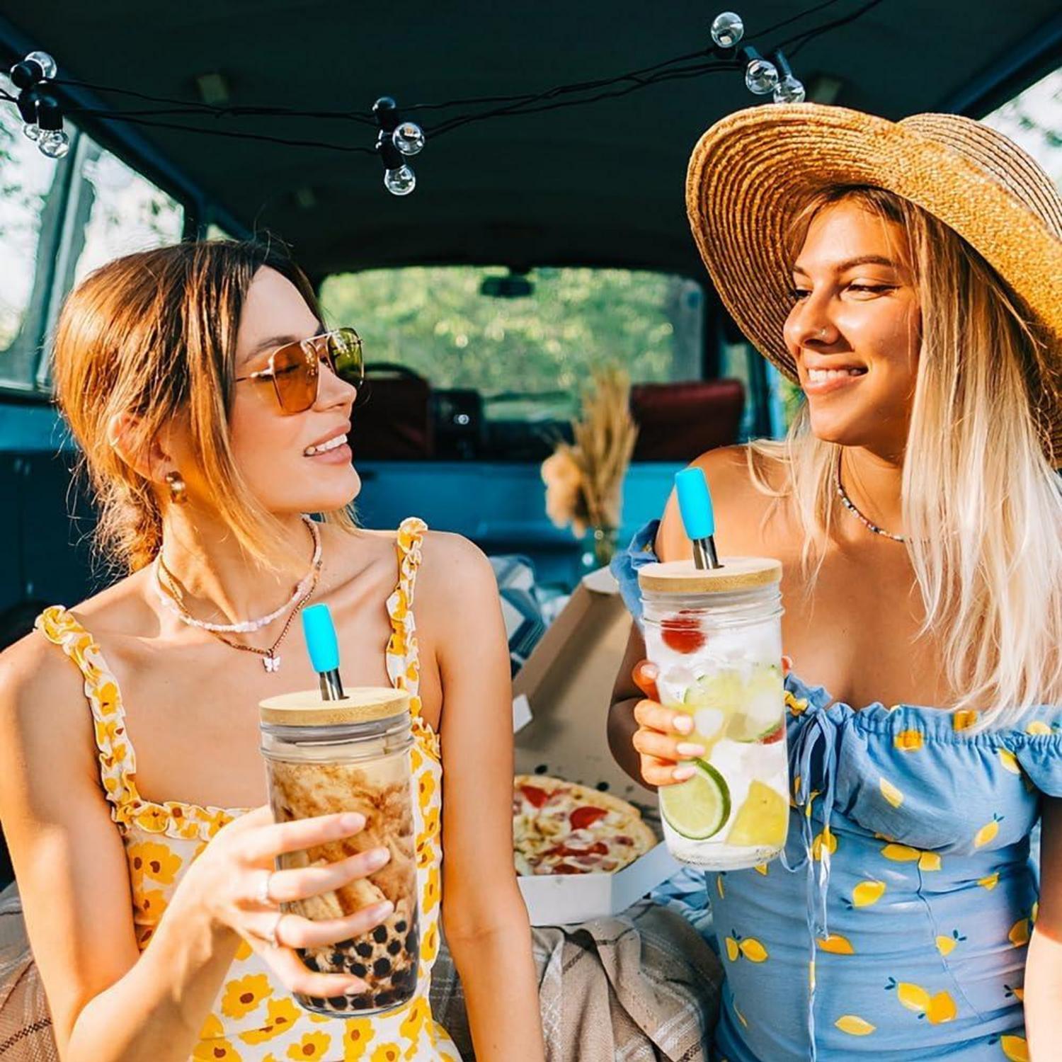 2er Set Bubble Tea Becher 24oz mit Bambusdeckel und Strohhalm