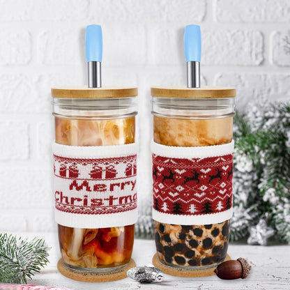 2er Set Bubble Tea Becher 24oz Glas mit Bambusdeckel und Strohhalm