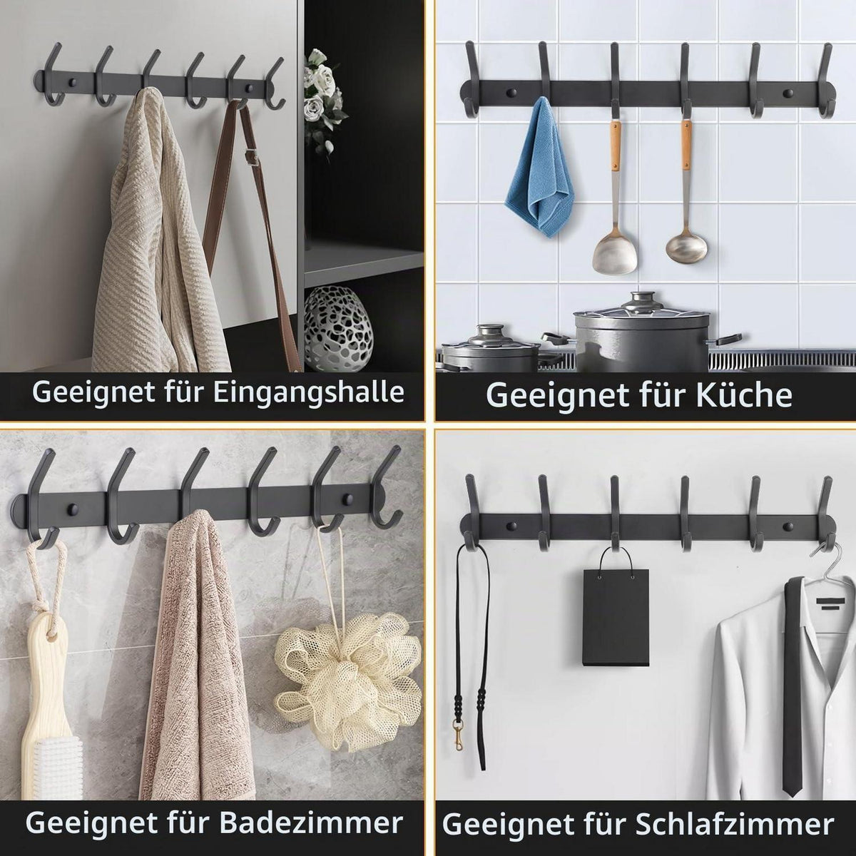 Kleiderhakenleiste Wandmontage mit 6 Haken, Schwarz