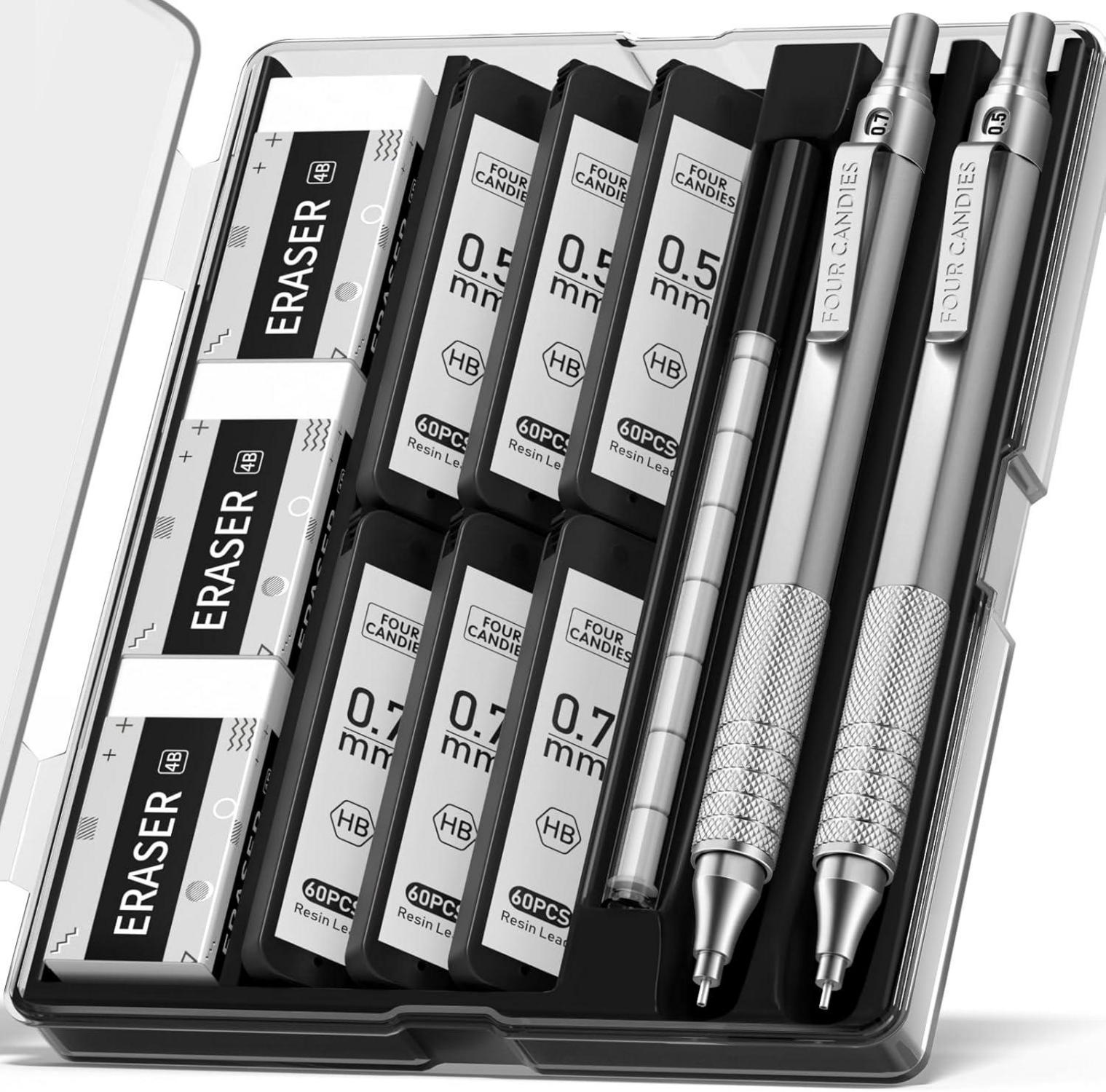 Metall Druckbleistift Set 0,5mm & 0,7mm HB Mine, Radiergummi, Künstler