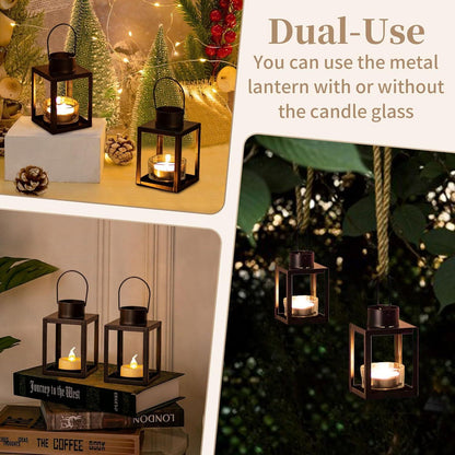 Schwarze Metall Laterne für Draußen und Drinnen, Teelichthalter Set mit 2 Stück