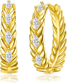 Gold Creolen Ohrringe Damen 925 Silber Geschenkbox - Weizenähre Design