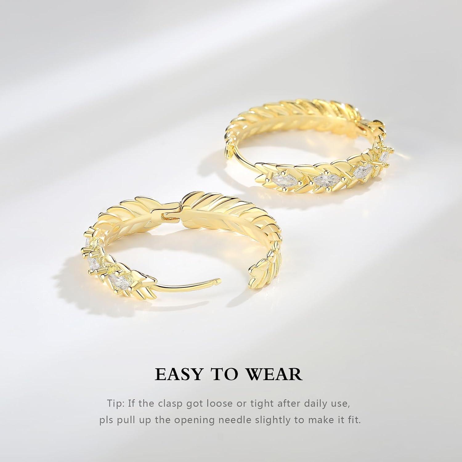Gold Creolen Ohrringe Damen 925 Silber Geschenkbox - Weizenähre Design