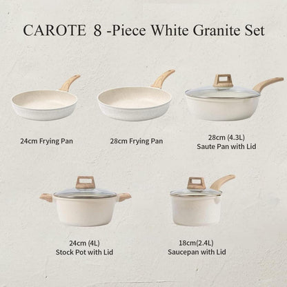 CAROTE Topfset 8tlg Pfanne 24/28cm Stielkasserolle 18cm Topf 24cm 4L Bratpfanne