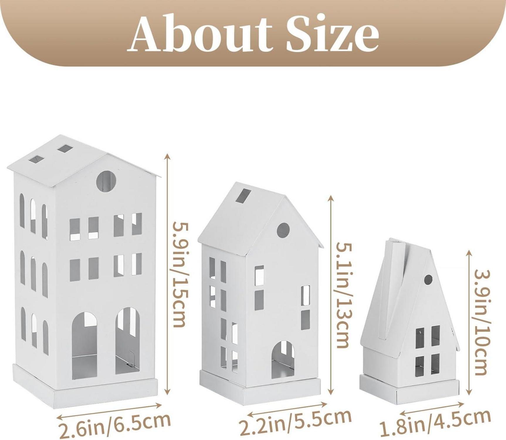 Sziqiqi Mini Lichthaus Kerzenhalter Set von 3 LED Weiß Metall Windlicht