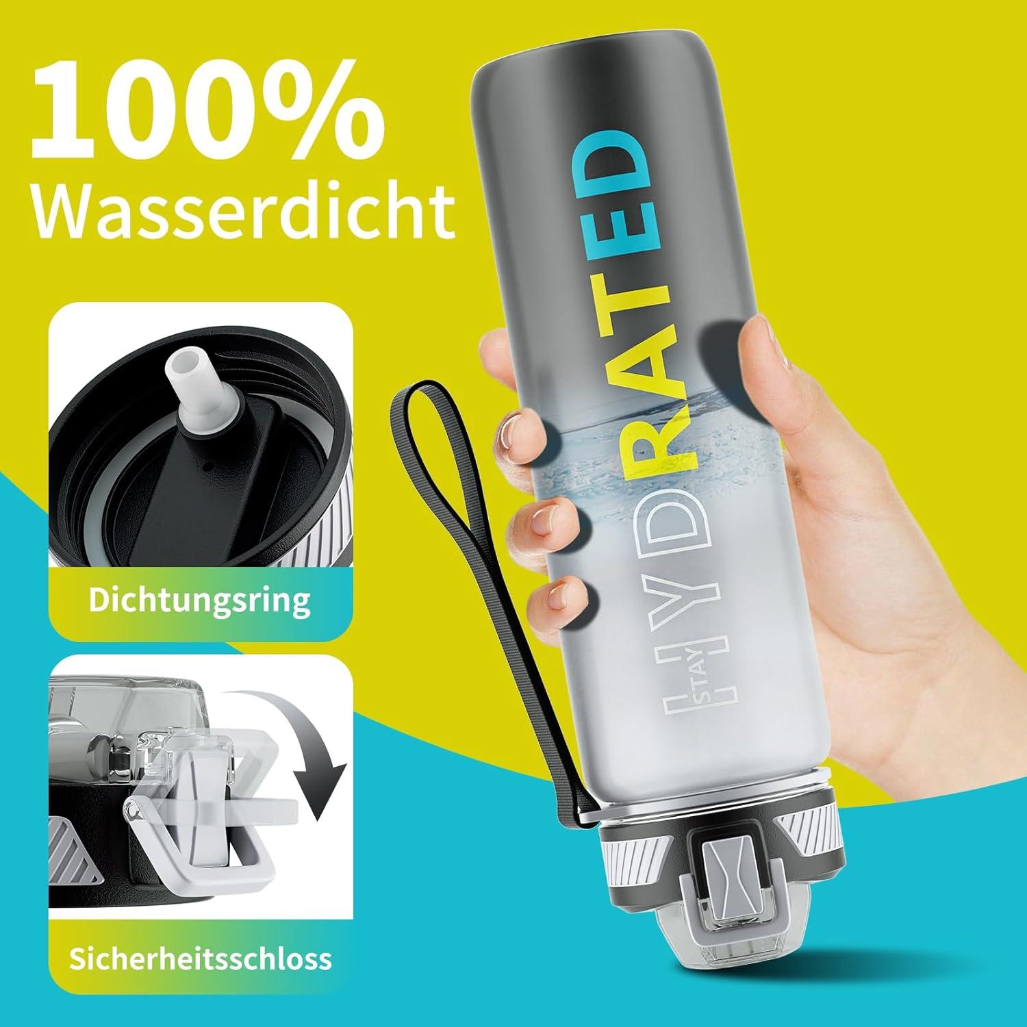 Trinkflasche 1L BPA-frei Tritan mit Strohhalm, Zeitmarkierung, Auslaufsicher - Grau
