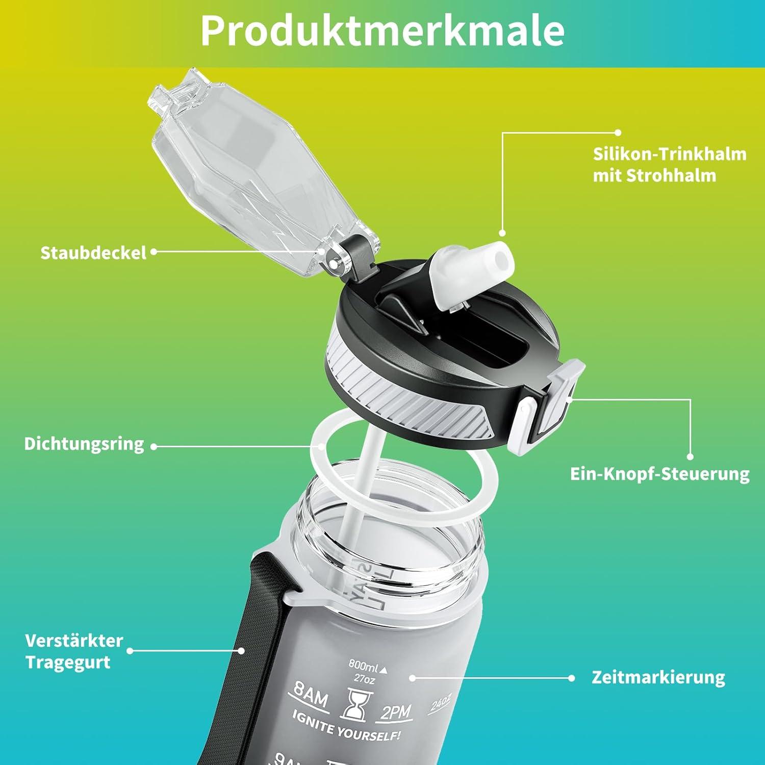 QLUR Trinkflasche 1L BPA-Frei Tritan Sport Wasserflasche mit Strohhalm