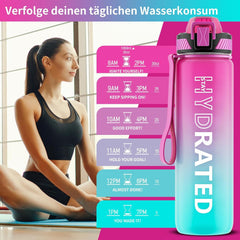 QLUR Trinkflasche 1L BPA-frei mit Strohhalm Zeitmarkierung