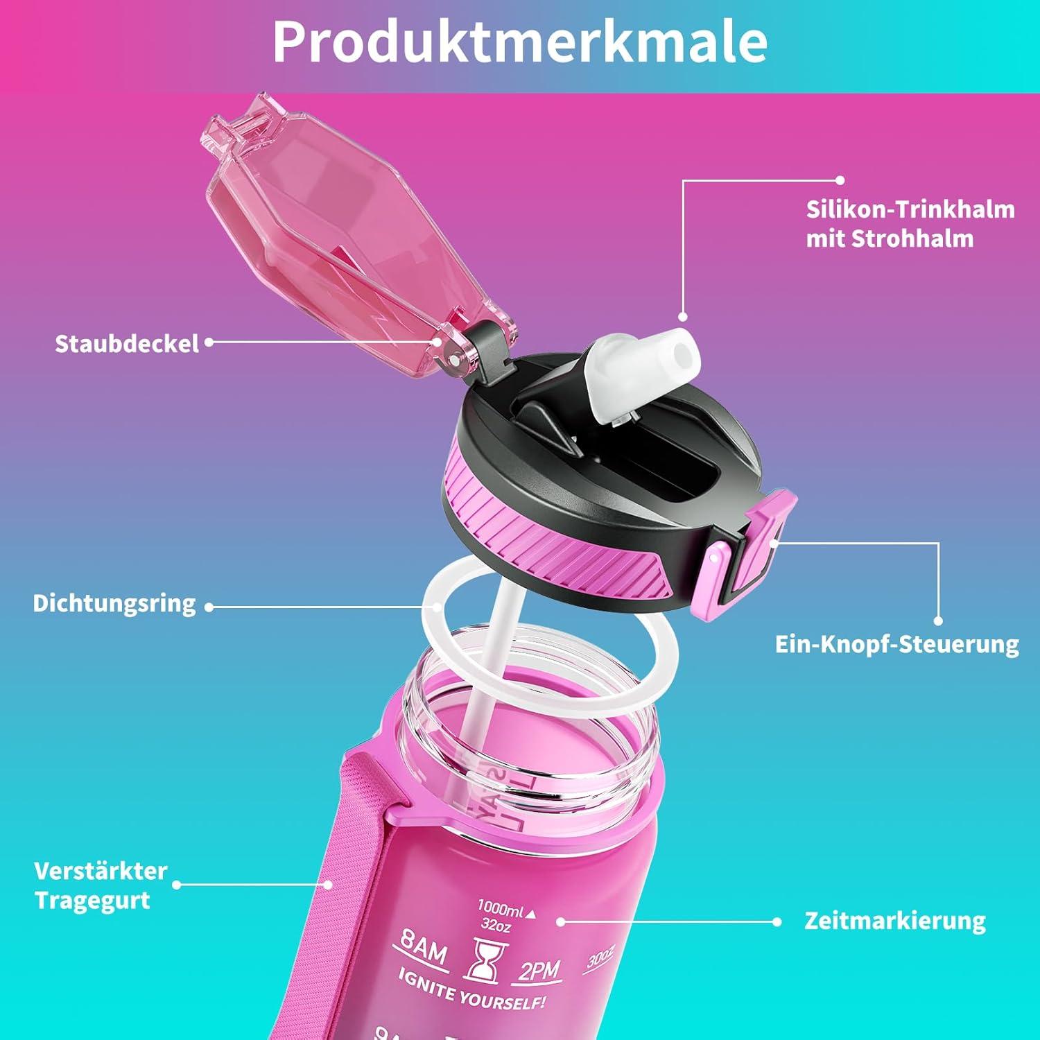 Trinkflasche 1L BPA-frei mit Strohhalm Zeitmarkierung lila grün