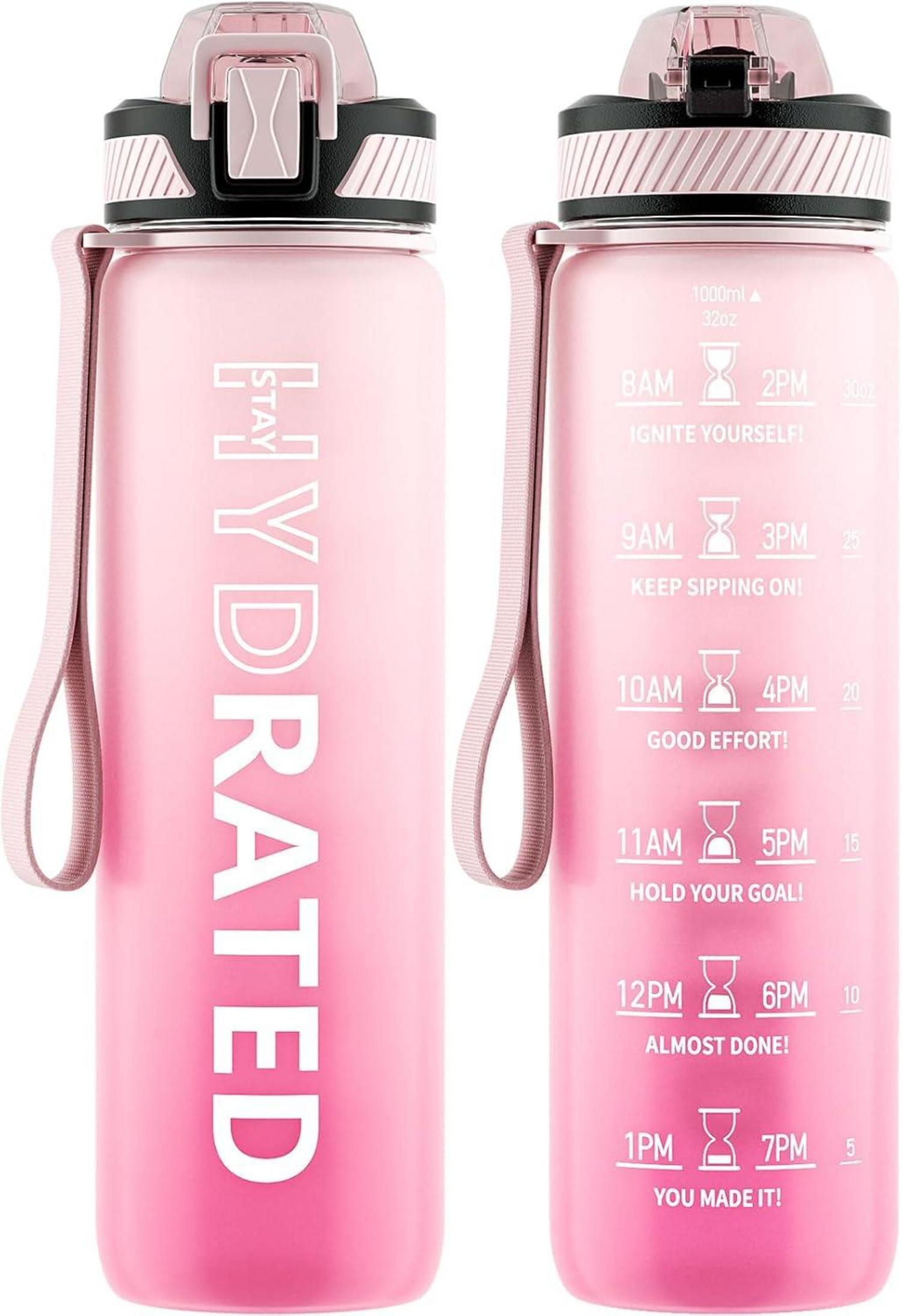 Trinkflasche 1L BPA-frei mit Strohhalm, Zeitmarkierung, Bürste