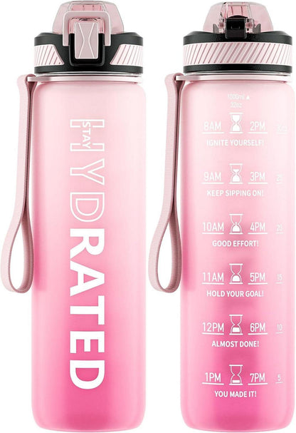 Trinkflasche 1L BPA-frei mit Strohhalm, Zeitmarkierung, Bürste