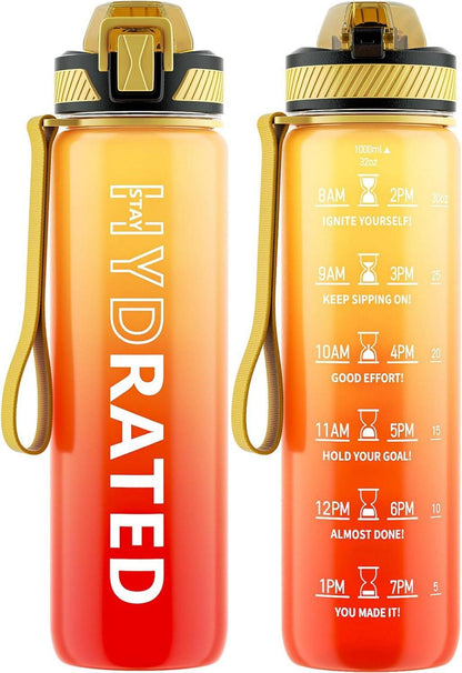 Trinkflasche 1 Liter mit Strohhalm und Zeitmarkierung Gelb Rot