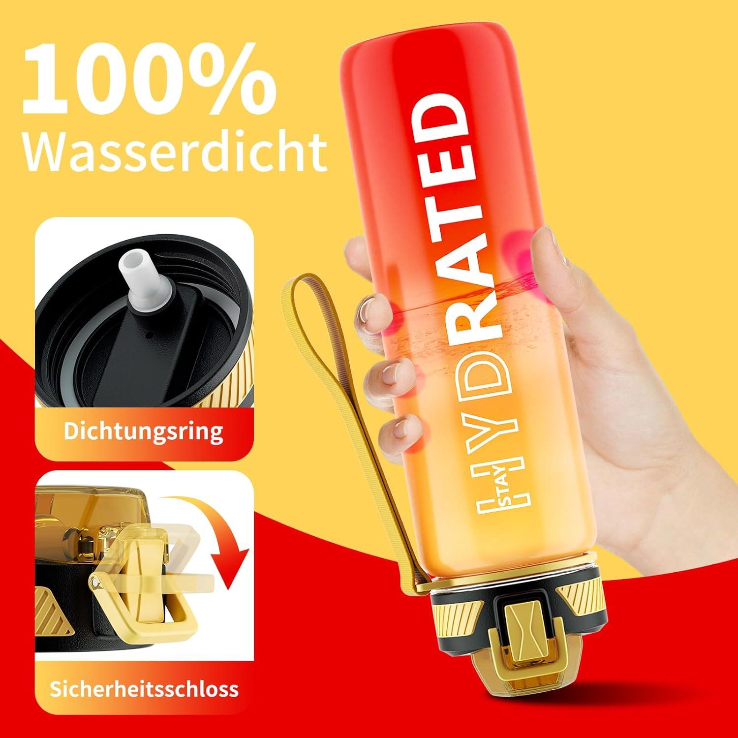 QLUR Trinkflasche 1L BPA-Frei Tritan Wasserflasche Strohhalm Zeitmarkierung Outdoor