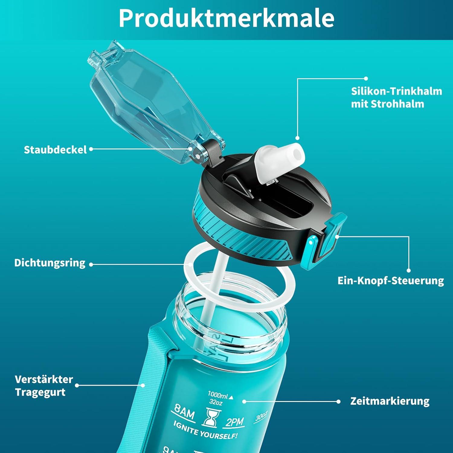Trinkflasche 1L BPA-frei Tritan mit Strohhalm Zeitmarkierung Blau