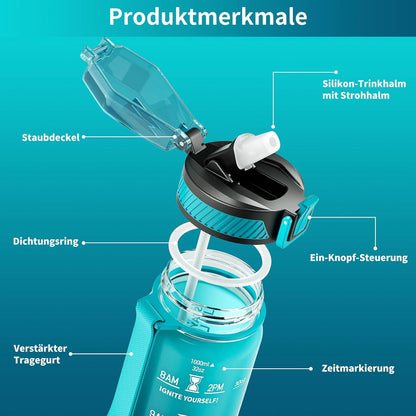 Trinkflasche 1L BPA-frei Tritan mit Strohhalm Zeitmarkierung Blau