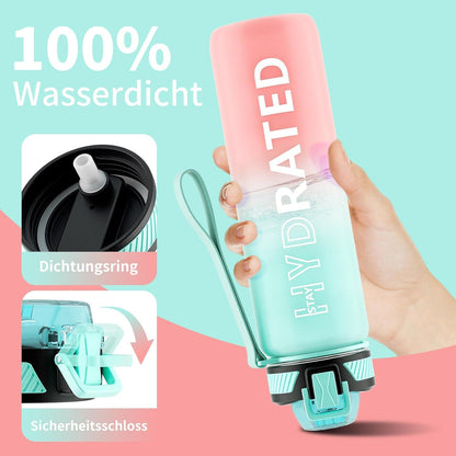 QLUR Trinkflasche 1L BPA-frei mit Strohhalm Zeitmarkierung & Bürste