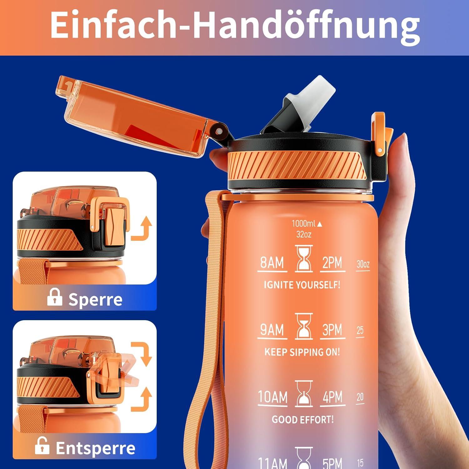 Trinkflasche 1L BPA-frei mit Strohhalm und Zeitmarkierung