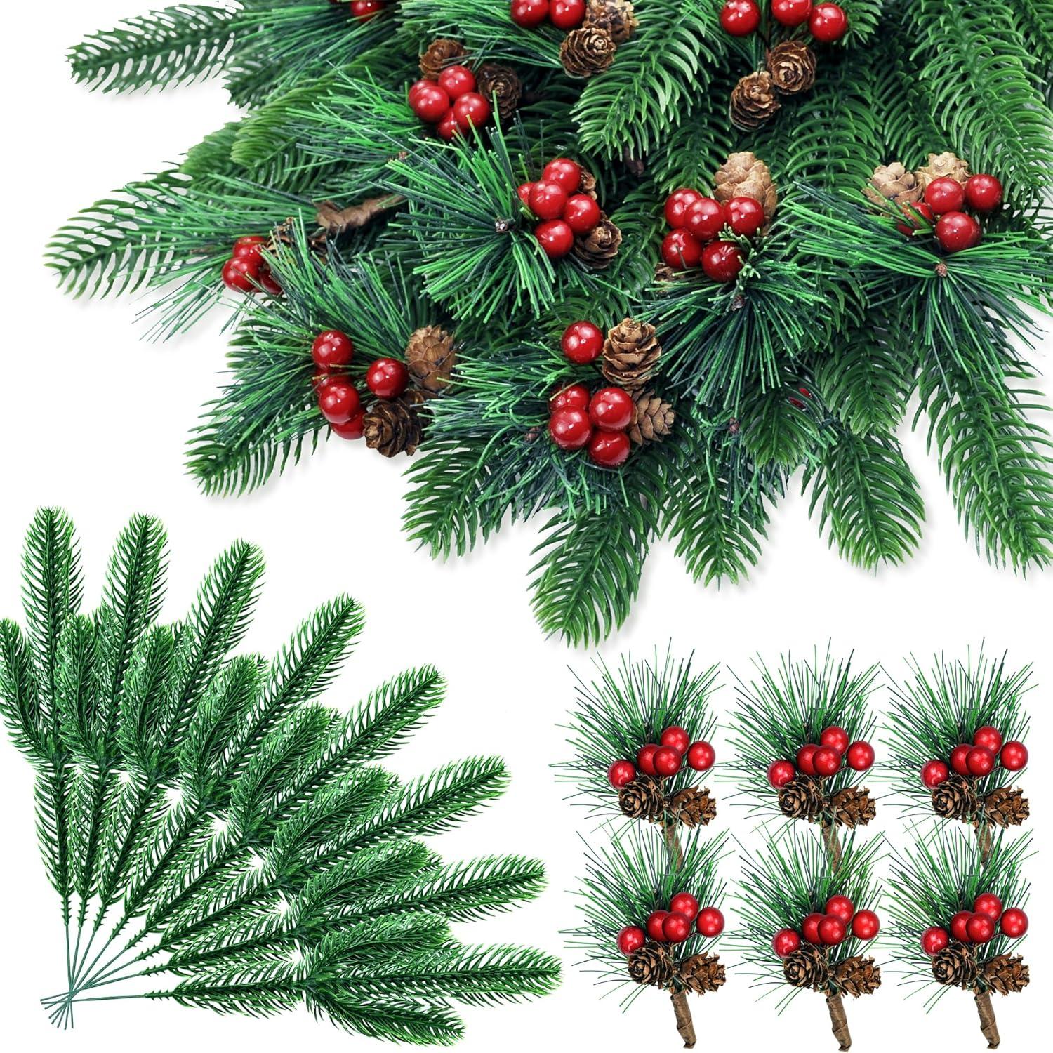 24 Stück Künstliche Tannenzweige mit Beeren und Tannenzapfen