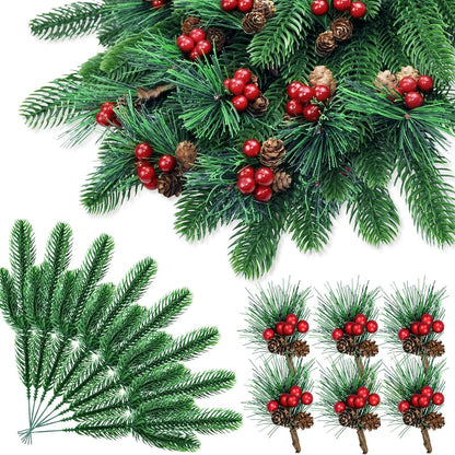 24 Stück Künstliche Tannenzweige mit Beeren und Tannenzapfen