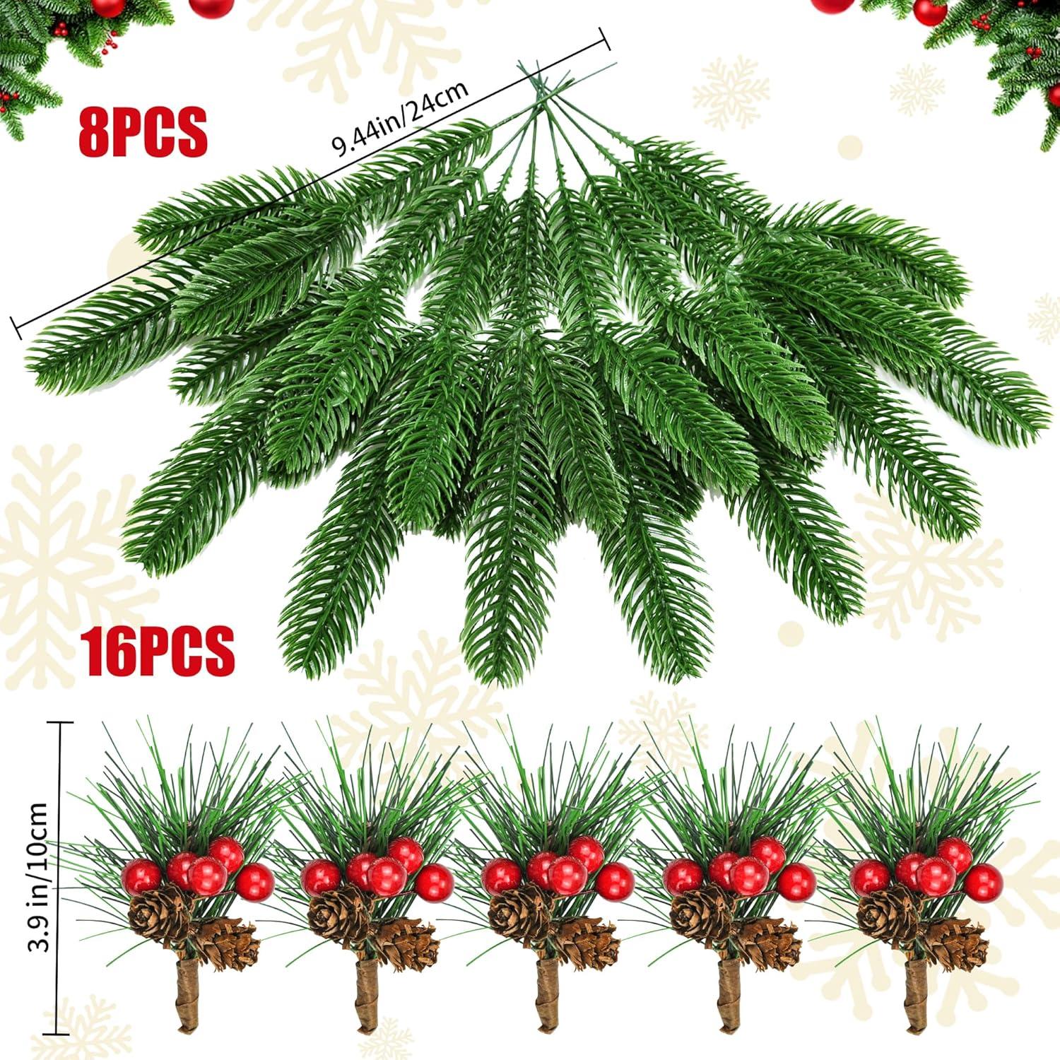 24 Stück Künstliche Tannenzweige mit Beeren und