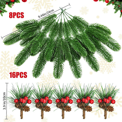 24 Stück Künstliche Tannenzweige mit Beeren und
