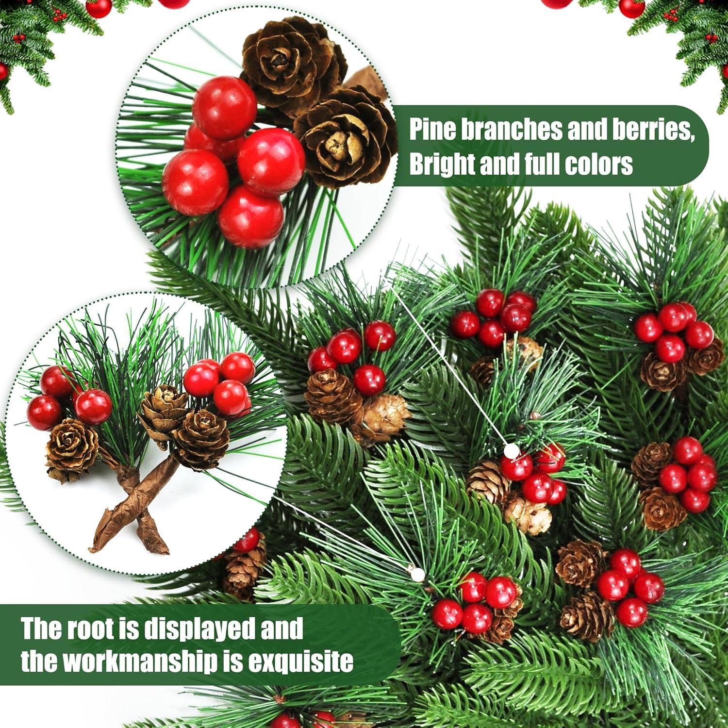 Künstliche Tannenzweige 24er Set inkl. Beeren und Tannenzapfen, Weihnachtsdekoration, DIY Adventskranz