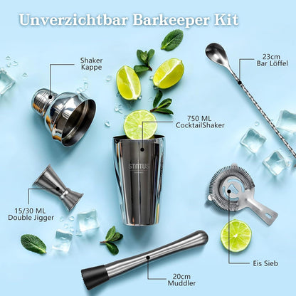 Cocktail Shaker Edelstahl 750ml 5-tlg. Set Sieb Messbecher Barlöffel