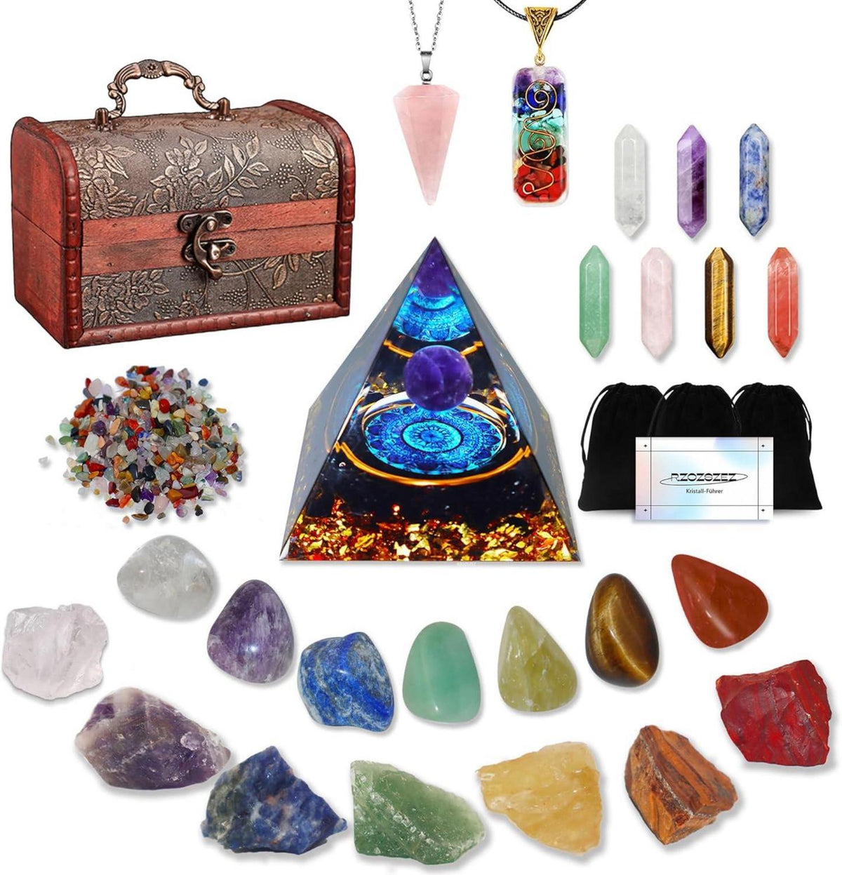Natürliche Kristallkollektion: Heilsteine Set mit Chakra-Steinen und 7