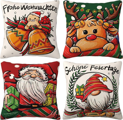 Weihnachts Kissenbezug Elch 40x40cm 4er Set Deko Rot Grün Hirsch Santa
