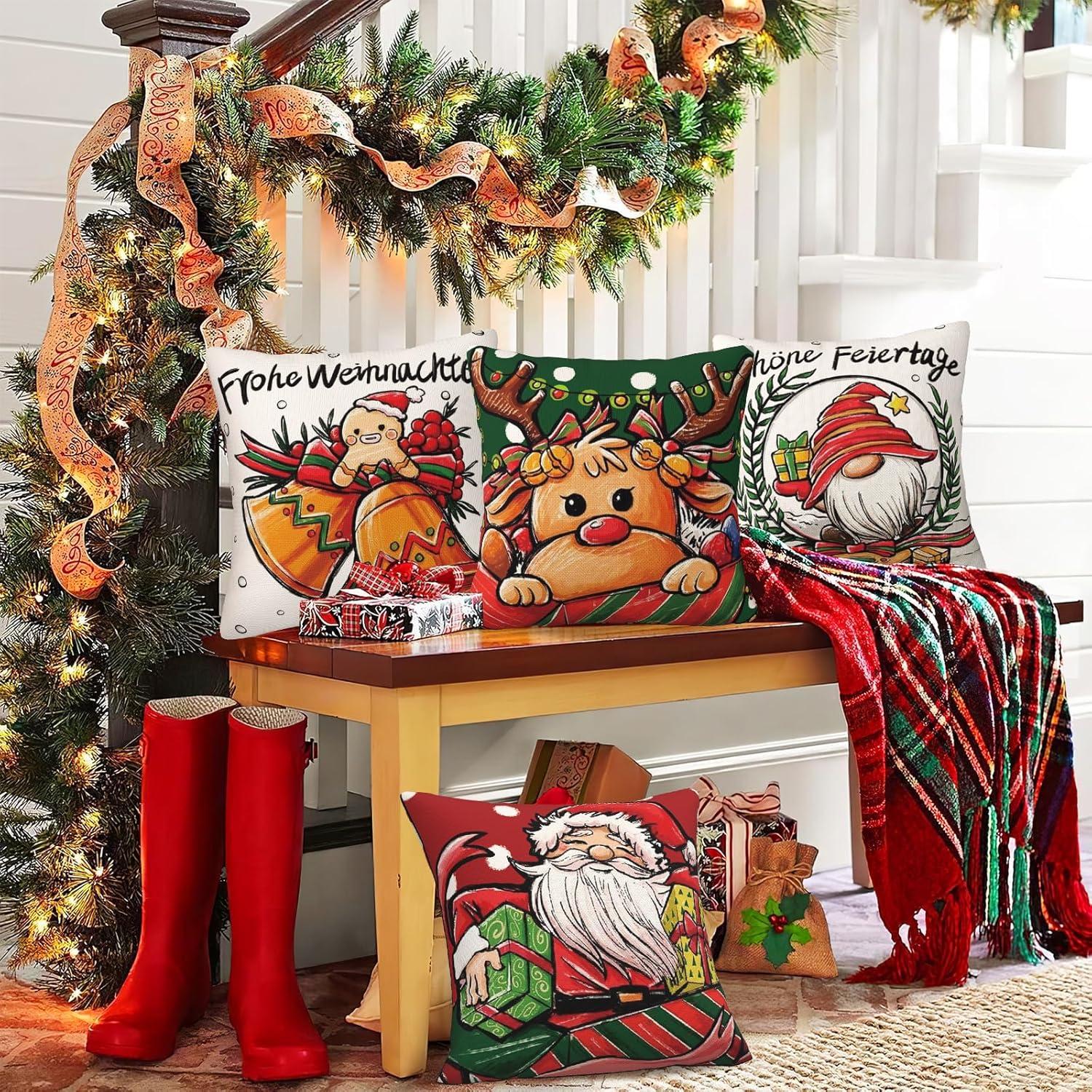 Weihnachts Kissenbezug Set Hirsch Weihnachtsmann Deko 40x40cm Rot Grün