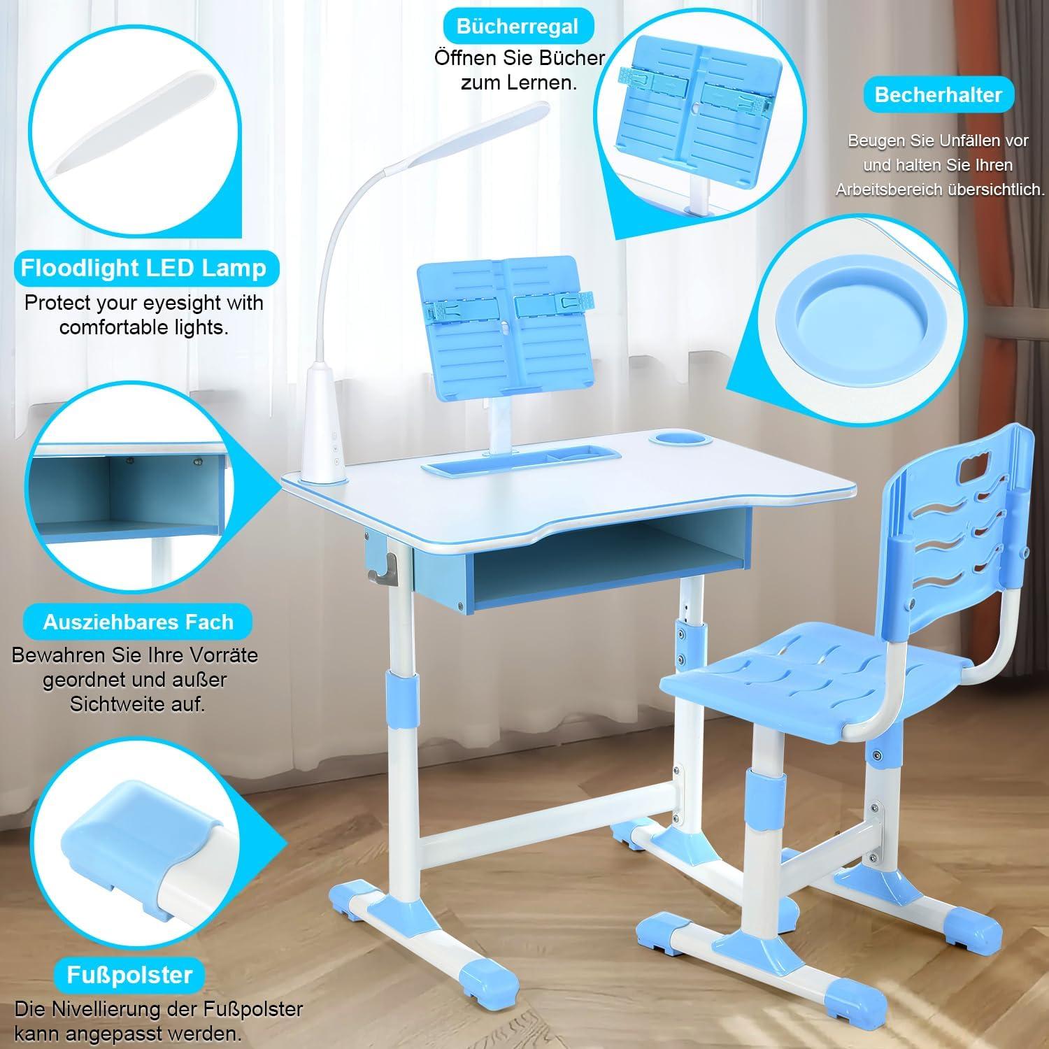 Höhenverstellbarer Kinderschreibtisch mit LED-Licht & Stuhl, Blau