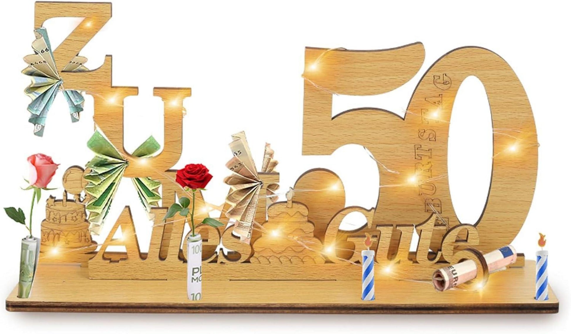 LED Lichterkette Geldgeschenke Holz 50. Geburtstag Deko