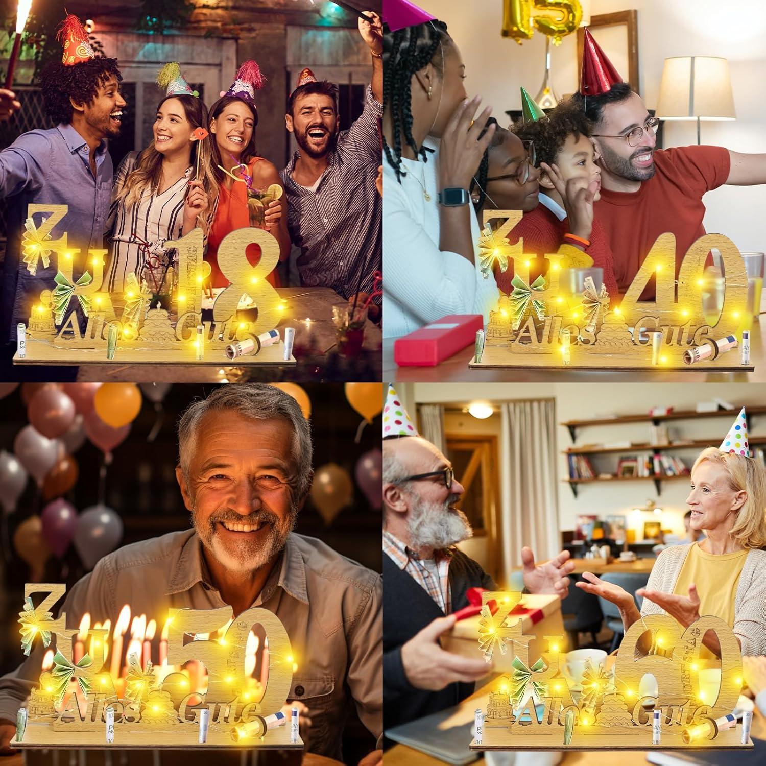LED Geldgeschenk 60. Geburtstag Holz mit Lichterkette - Tischdeko