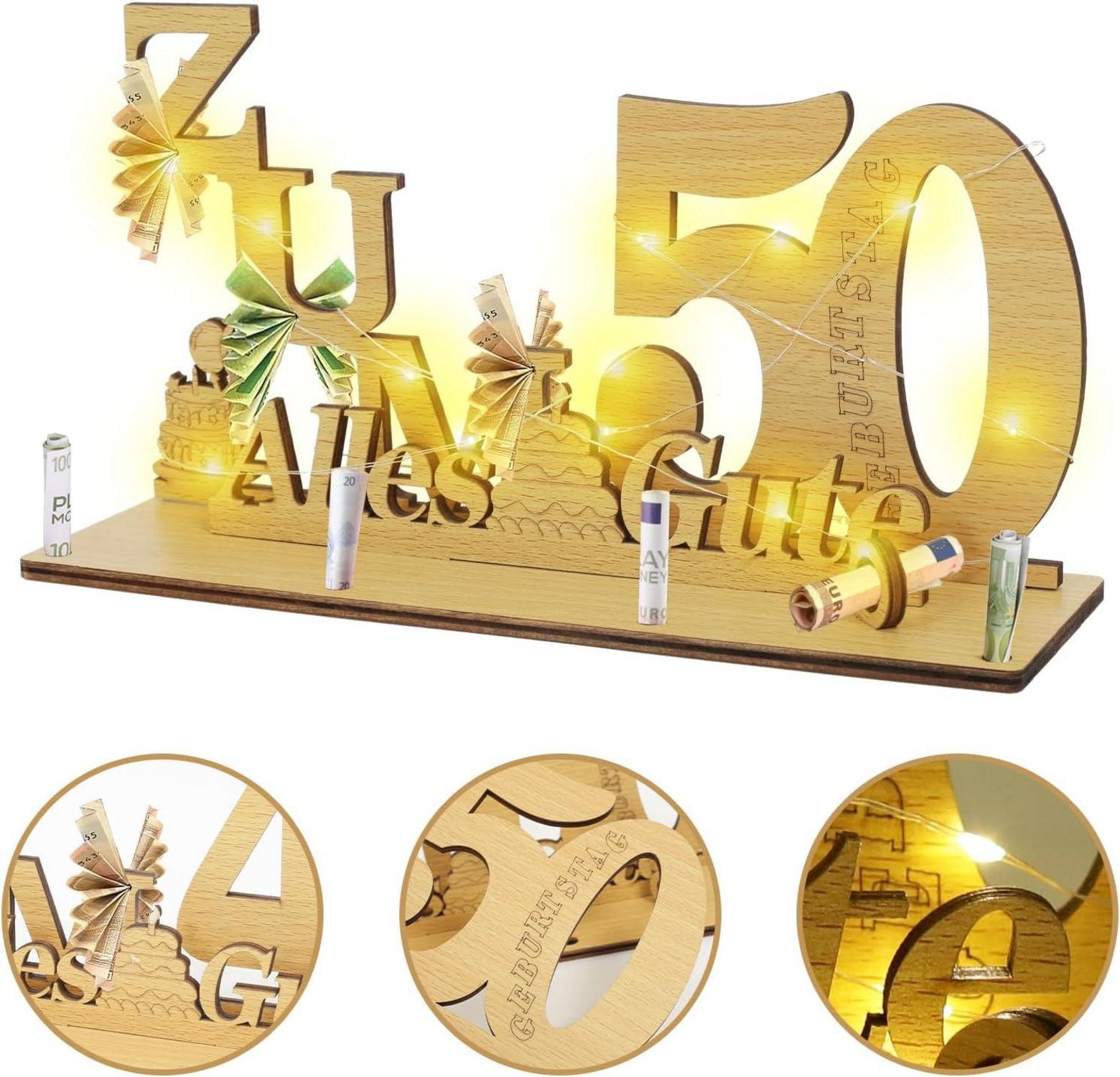 LED Geldgeschenk 60. Geburtstag Holz mit Lichterkette - Tischdeko