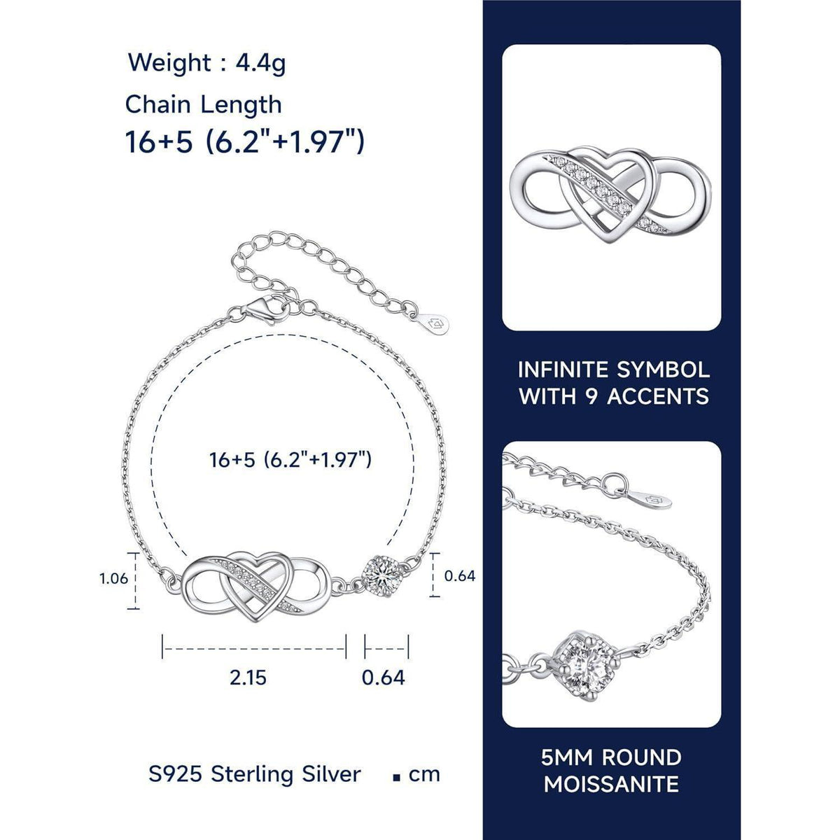 Infinity Armband Damen Silber 925 mit Moissanit Herz 0,5 Karat