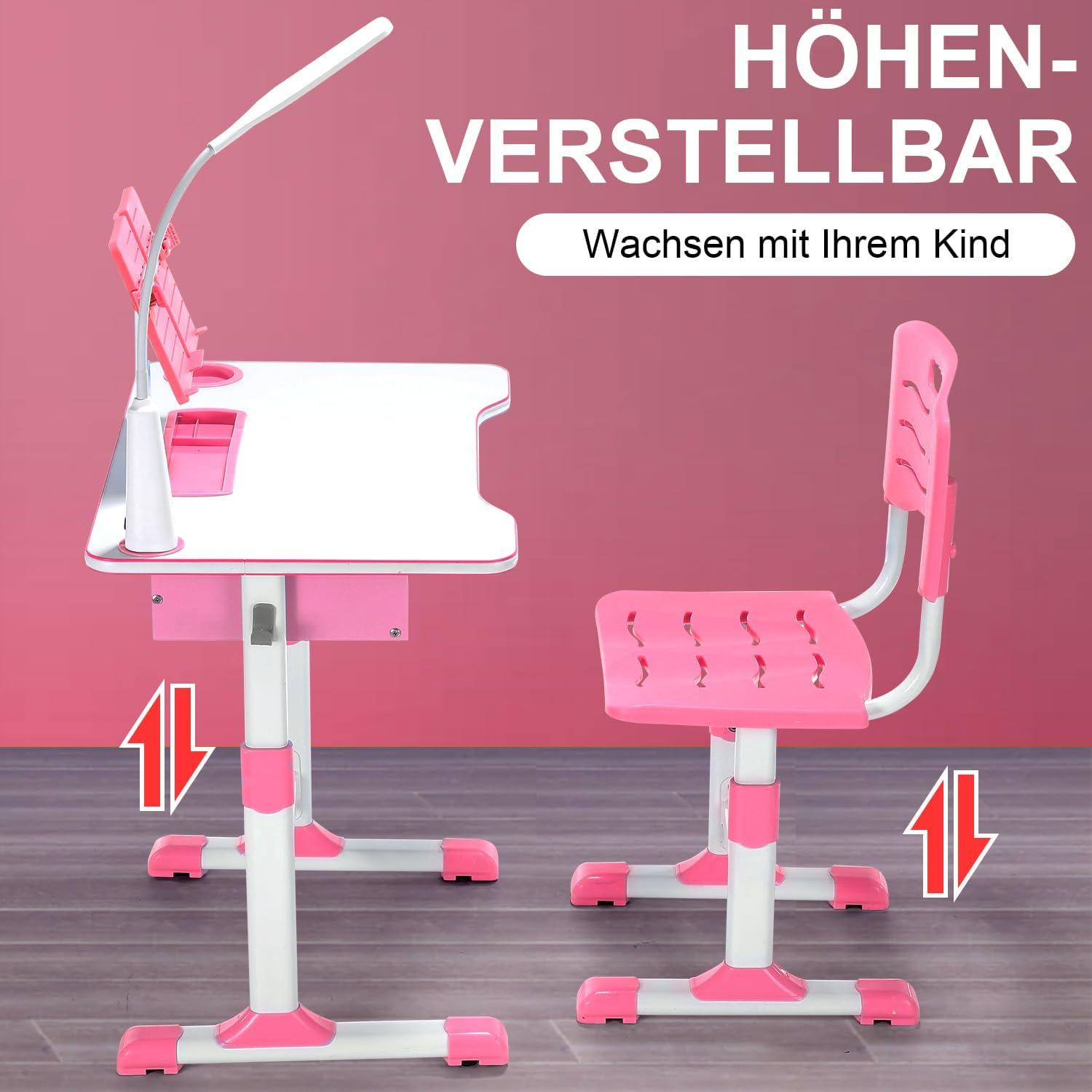 Kinder Schreibtisch Mädchen Höhenverstellbar Bücherständer LED-Licht Rosa