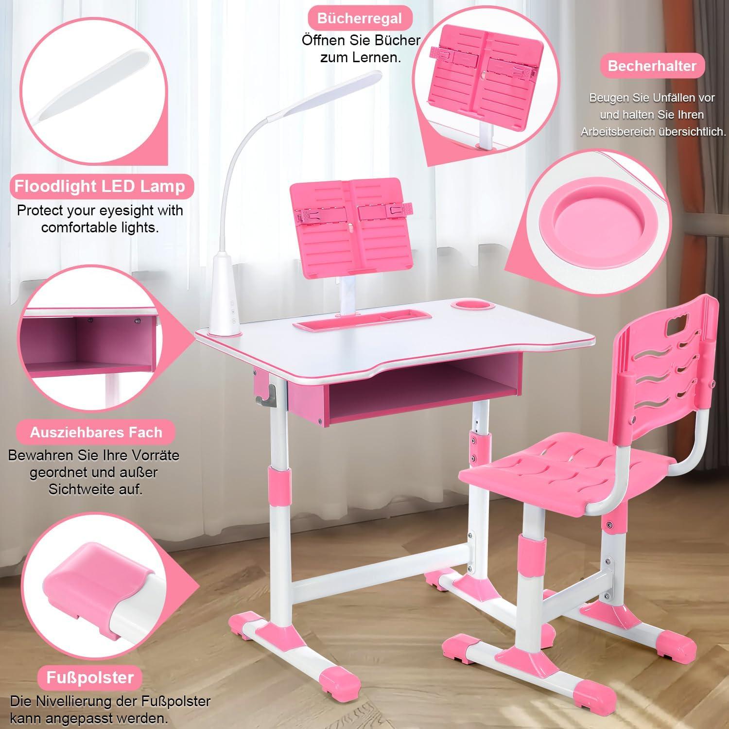 Kinder Schreibtisch Mädchen Höhenverstellbar Bücherständer LED-Licht Rosa