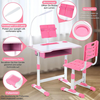 Kinder Schreibtisch Mädchen Höhenverstellbar Bücherständer LED-Licht Rosa