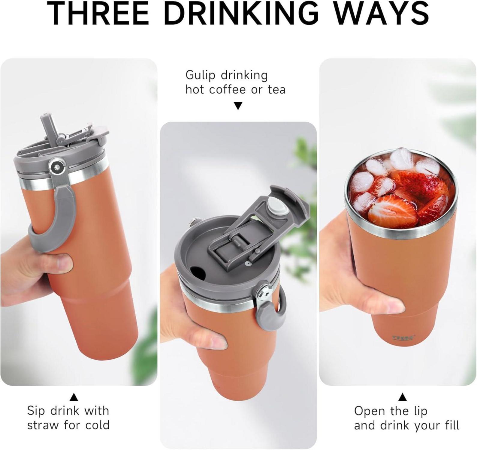 Thermobecher 900ml Orange Strohhalm Deckel Edelstahl Isolation Warm Kalt