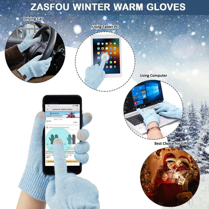 Damen Winter Mützen Schal Handschuhe Set Touchscreen Thermo Fleece Blau Weiß