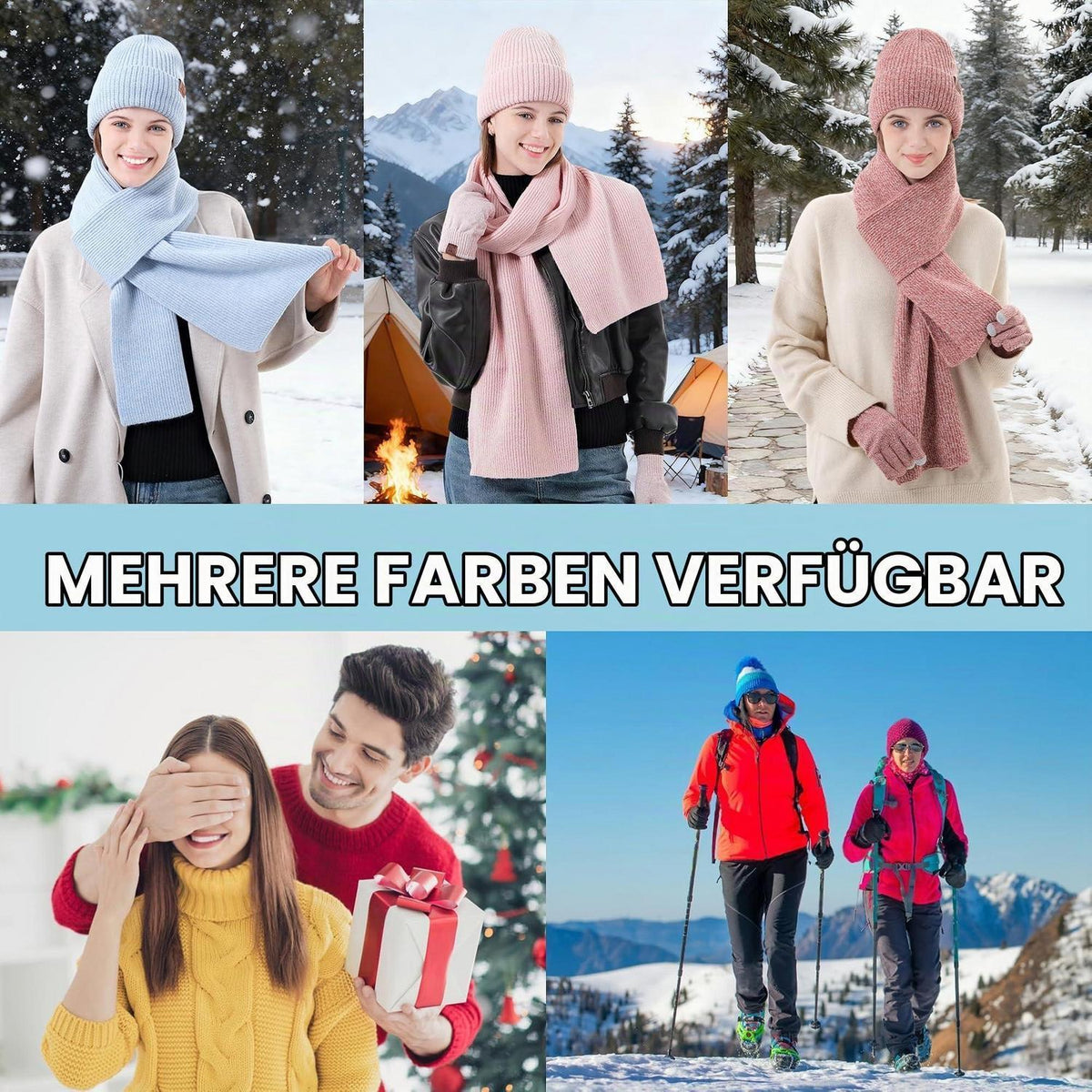 Damen Winter Mützen Schal Handschuhe Set Touchscreen Thermo Fleece Blau Weiß