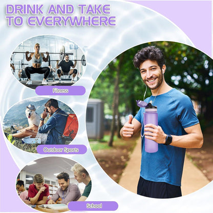 Sport Trinkflasche 1L mit Klappdeckel und Strohhalm lila BPA-frei