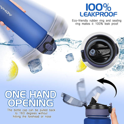 Sport Trinkflasche mit Strohhalm und Tragegurt Dunkelblau 1L
