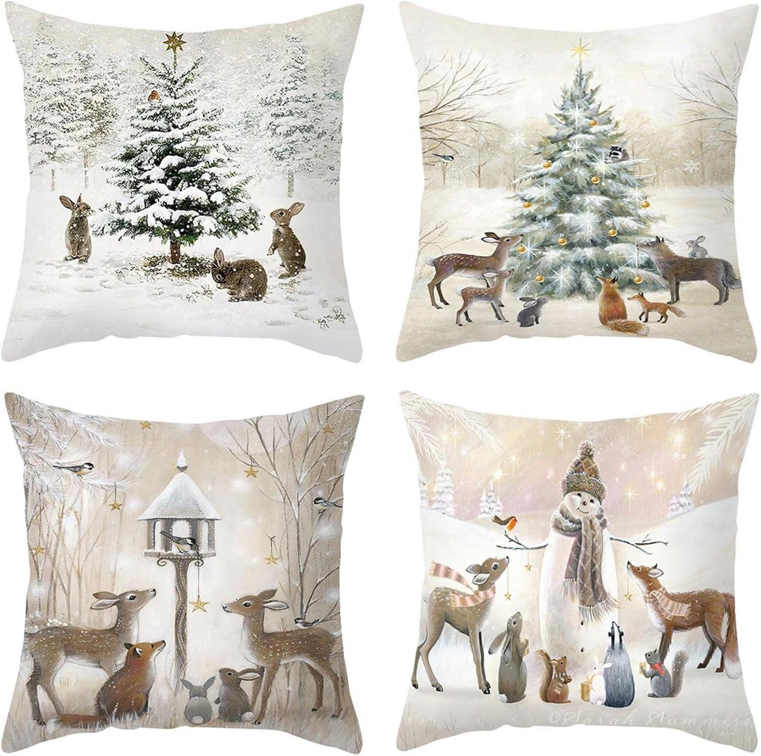 4er Set Weihnachtskissenbezug Leinen 45x45cm Festliche Deko